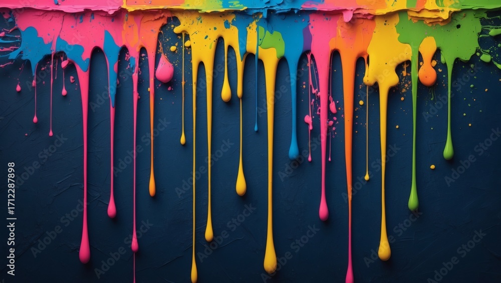 Poster colorful paint dripping down a dark surface, creating a vibrant and abstract design. the image showc