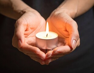 Hands Holding a Lit Candle with Soft Warm Light in Darkness