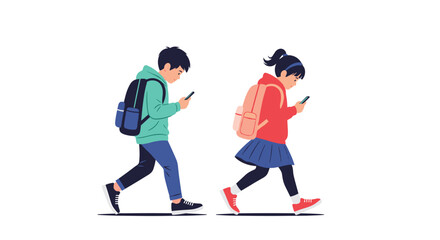 Obraz premium Children engrossed in their phones while walking to school.