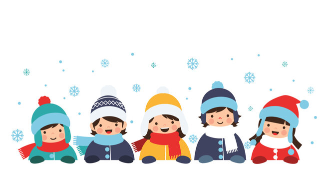Children enjoying winter snow day with winter clothes.