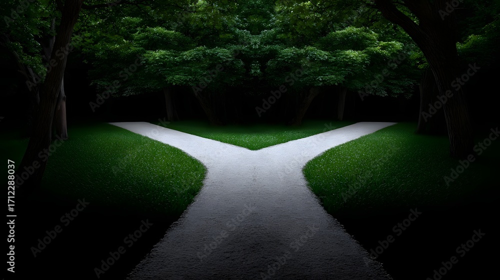 Poster a serene forest landscape with a paved path diverging into two equally inviting directions, surround