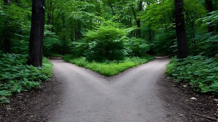 Obraz premium A serene dirt path splits into two trails leading through a dense, verdant forest with towering trees and a lush, natural canopy above.