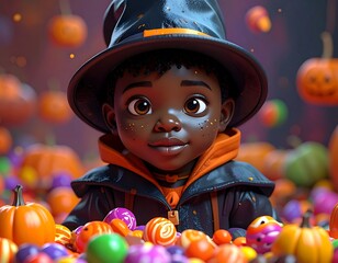 Child witch surrounded by candy and pumpkins