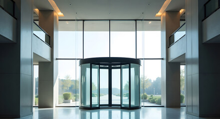 Modern building lobby with revolving door. Realistic illustration.