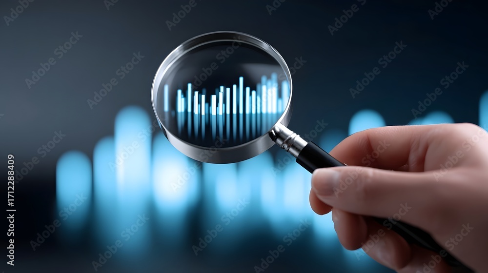 Poster closeup view of a hand holding a magnifying glass over a digital data visualization display, examini