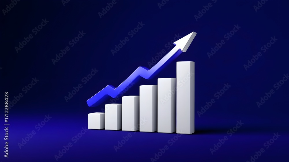 Poster a stylized business growth chart showing an upward trend with a blue arrow pointing to the right, sy