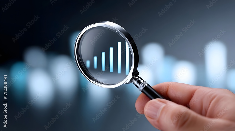 Poster closeup of a hand holding a magnifying glass over a digital display showing a bar graph, symbolizing