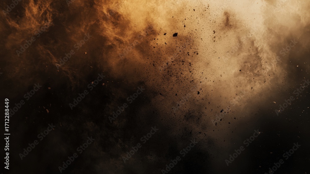 Poster a dramatic explosion of dust and particles against a dark background, creating a dynamic contrast of