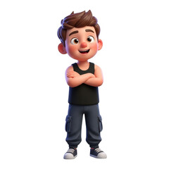Young boy character with crossed arms and casual clothing in 3d rendering