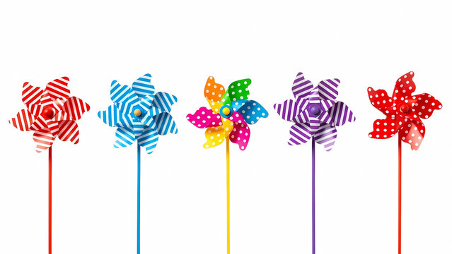 Colorful pinwheels on white background summer toy kids party decoration wind spinner bright vibrant cheerful on transparent background