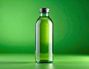 A bottle of green liquid on a green background