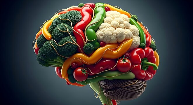 A human brain creatively formed from colorful fresh vegetables and fruits, symbolizing healthy eating and nutrition for cognitive function