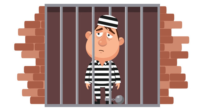 Sad prisoner behind bars in a jail cell.
