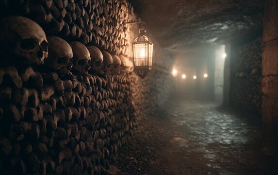 skulls lining catacombs dimly lit path
