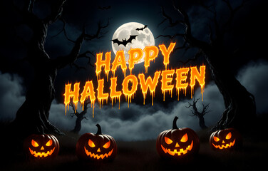 Halloween night with bats full moon and Happy Halloween sign

