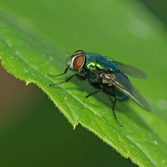 Naklejka premium Close-up of iridescent green fly on leaf