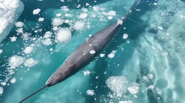 Narwhal Swimming in Arctic Ocean with Ice, Wildlife, and Underwater.