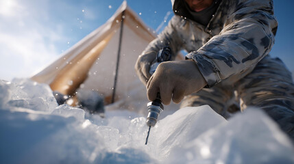 A scientist their hands gloved measures ice thickness with a drill its bit grinding through layers. A metal gauge its needle wobbling records data. A canvas tent its fabric