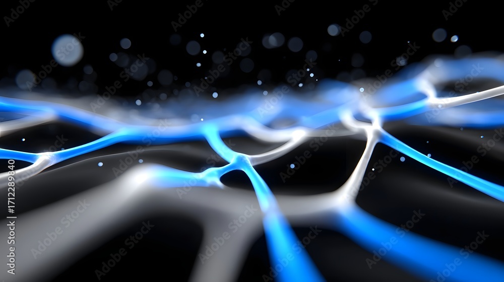 Poster abstract futuristic background with a dynamic network of glowing lines, dots, and waves against a da