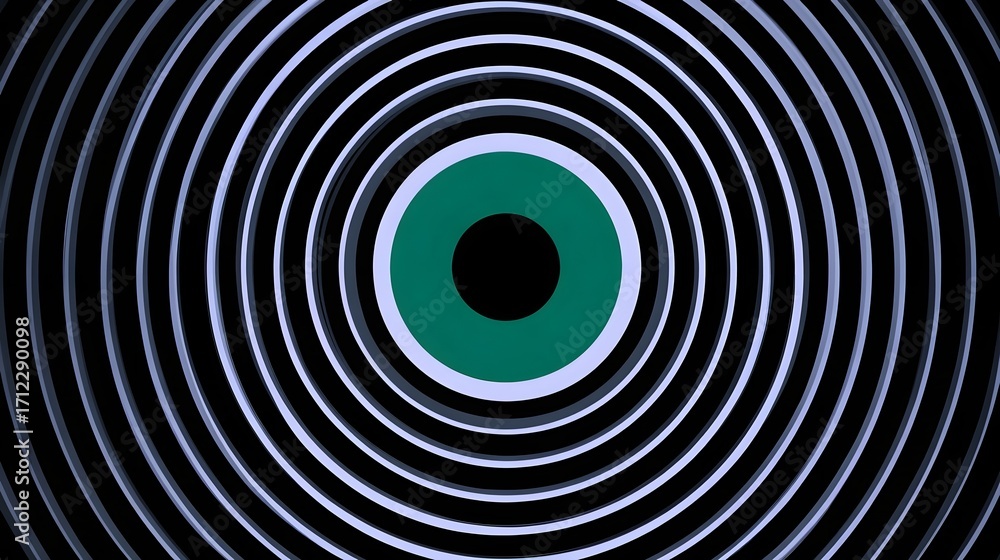 Poster an abstract design featuring a series of concentric, circular ripples or waves against a dark, minim