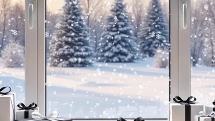 Snowy winter landscape outside a cozy window during holiday time