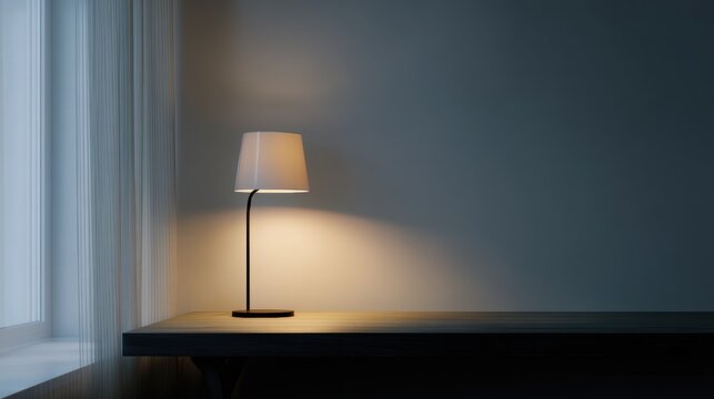 Modern floor lamp on a wooden table in a corner of a room. the lamp is turned on, casting a warm glow on the wall behind it.