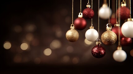 christmas ornaments hanging against dark background