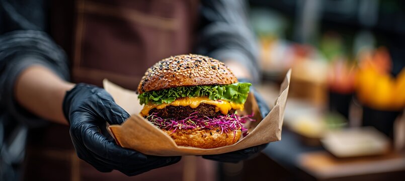 Delicious gourmet burger being served fresh juicy burger with cheese lettuce and special sauce on bun 100