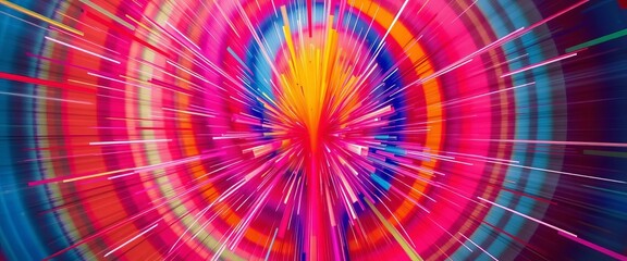 Abstract vibrant radial lines burst outwards, creating dynamic colorful splashes and streaks, color, light