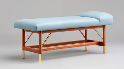 Modern massage table with light blue upholstery and wooden frame for spa wellness and healthcare therapy concepts