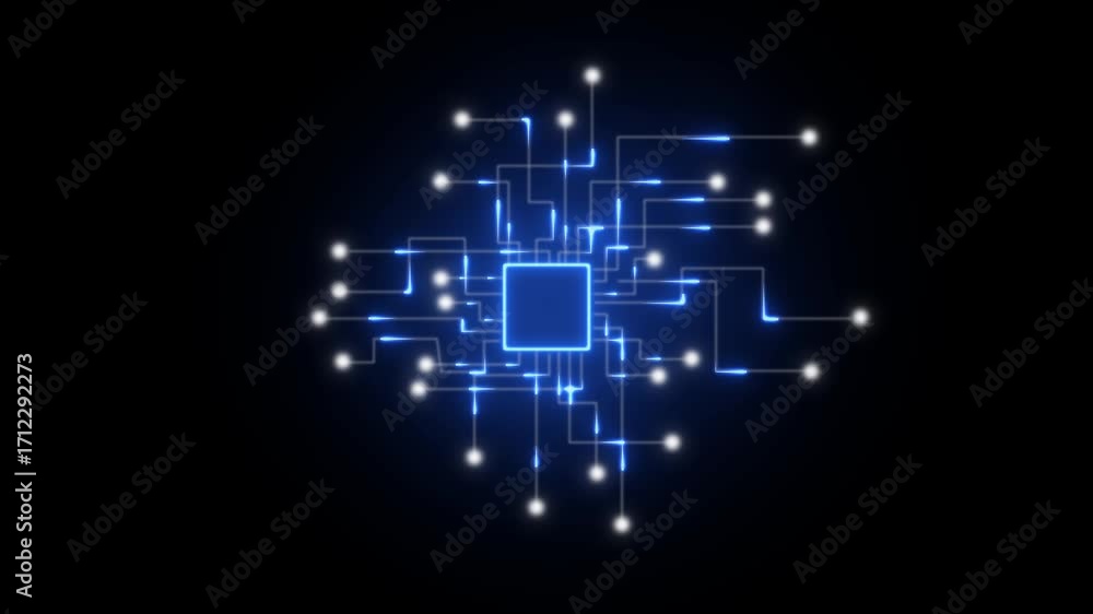 Poster electric blue glowing circuit board pattern with a central processor and radiating lines on a black 