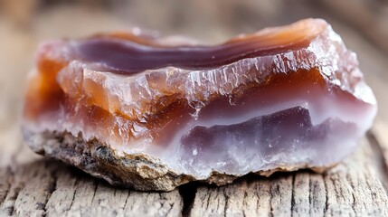 Raw agate crystal specimen with orange and purple bands on rustic wooden surface, showing natural mineral formation layers and translucent crystalline structure.