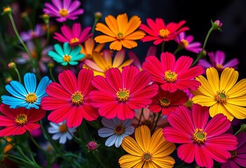 Obraz premium Vibrant cosmos flowers in diverse hues, a breathtaking display of color, shades, petal