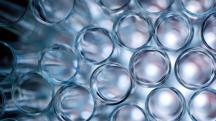 Close-up of a group of small, circular objects that appear to be made of glass or plastic. the objects are arranged in a grid-like pattern, with each object slightly overlapping the one below it.