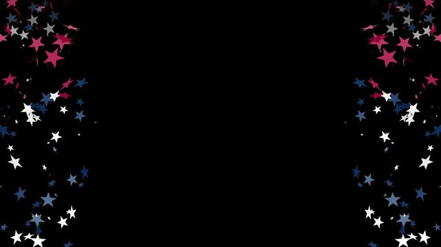 Animated video with flying stars in USA flag colors red, white and blue, falling from left and right top to bottom on black background, center space for text or design overlay. Copy space