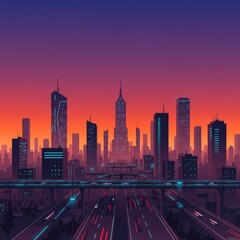 Obraz premium Hyperrealistic urban cityscape at sunset with skyscrapers, vibrant colors, silhouetted train tracks, reflective buildings, illustration. 