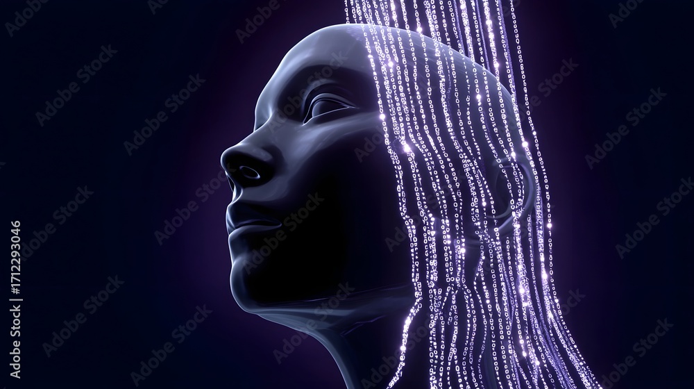 Poster futuristic digital data stream and intelligence concept, with a female face profile emerging from a 