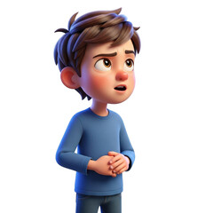 Expressive 3d animated boy character looking up with curious and thoughtful expression