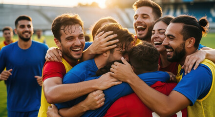 Celebrating victory with jubilant soccer team hugging on soccer field after game. Soccer team enjoys winning match. Passionate soccer team embraces after great win, showing sportsmanship.