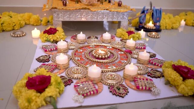 Beautiful Hindu festival decoration for Diwali or Janmashtami, featuring a candle rangoli, marigold flowers, and a Lord Krishna idol setup