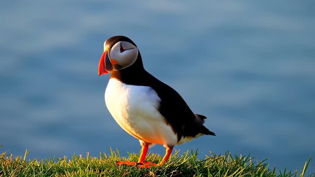 Atlantic Puffin Bird Standing on Grass Beside Sea at Sunset.