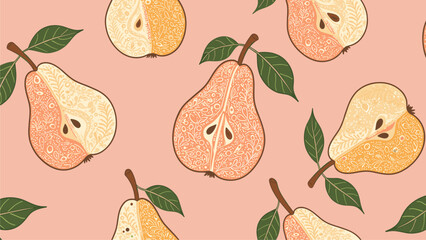 Seamless Pattern of Halved Pears with Leaves on Blush Pink Background