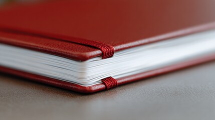 Close-up of a red notebook or journal. the cover of the notebook is made of leather and has a smooth texture. the pages are white and appear to be lined with a thin red ribbon.