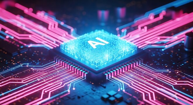 Closeup of a glowing blue ai chip with neon pink circuitry, symbolizing artificial intelligence and advanced computing power