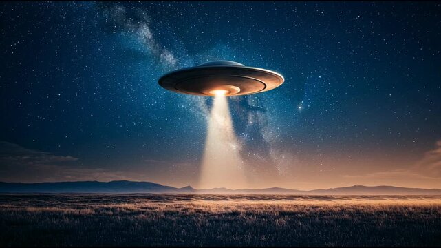 Luminous extraterrestrial spaceship hovering above rural landscape, casting bright beam of ethereal light against starry milky way backdrop, suggesting mysterious cosmic encounter