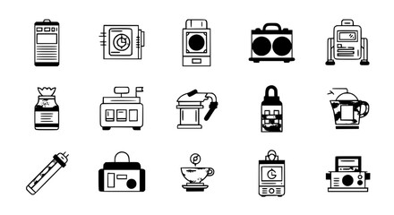 A collection of black and white line art icons representing various kitchen appliances and electronic devices.