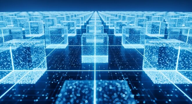 Endless grid of glowing blue cubes receding into the distance, symbolizing a digital network, data storage, or virtual reality