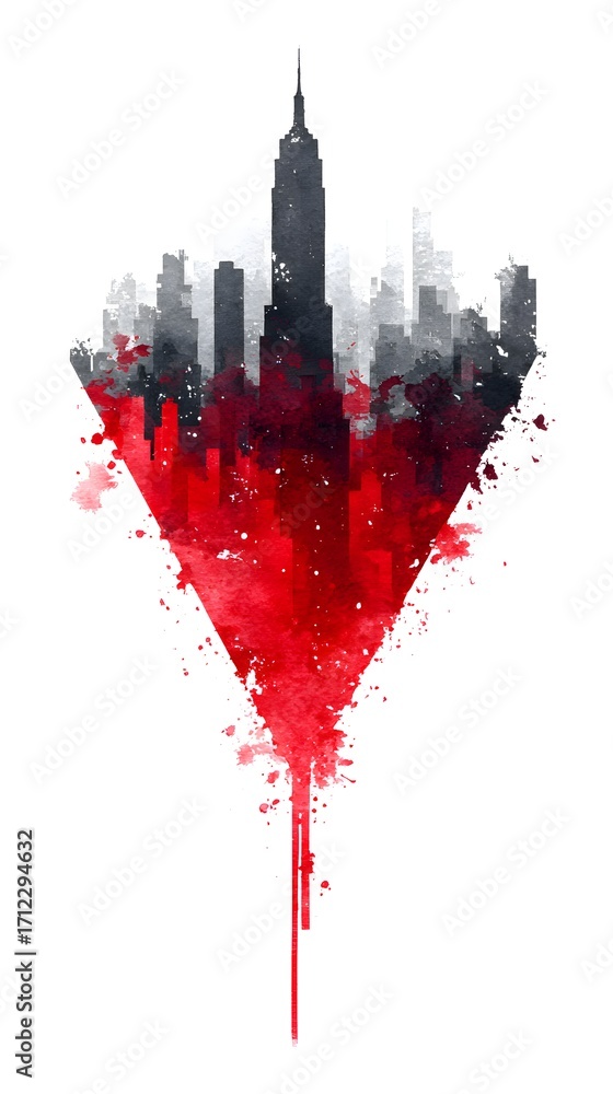 Poster market collapse abstract red and black cityscape design with a triangular silhouette.