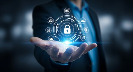 Man in a suit holding a glowing digital security icon with a padlock in his palm, surrounded by other securityrelated icons, representing data protection and cybersecurity