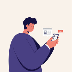 Vector art of man looking at his smartphone with social media profile and message notification